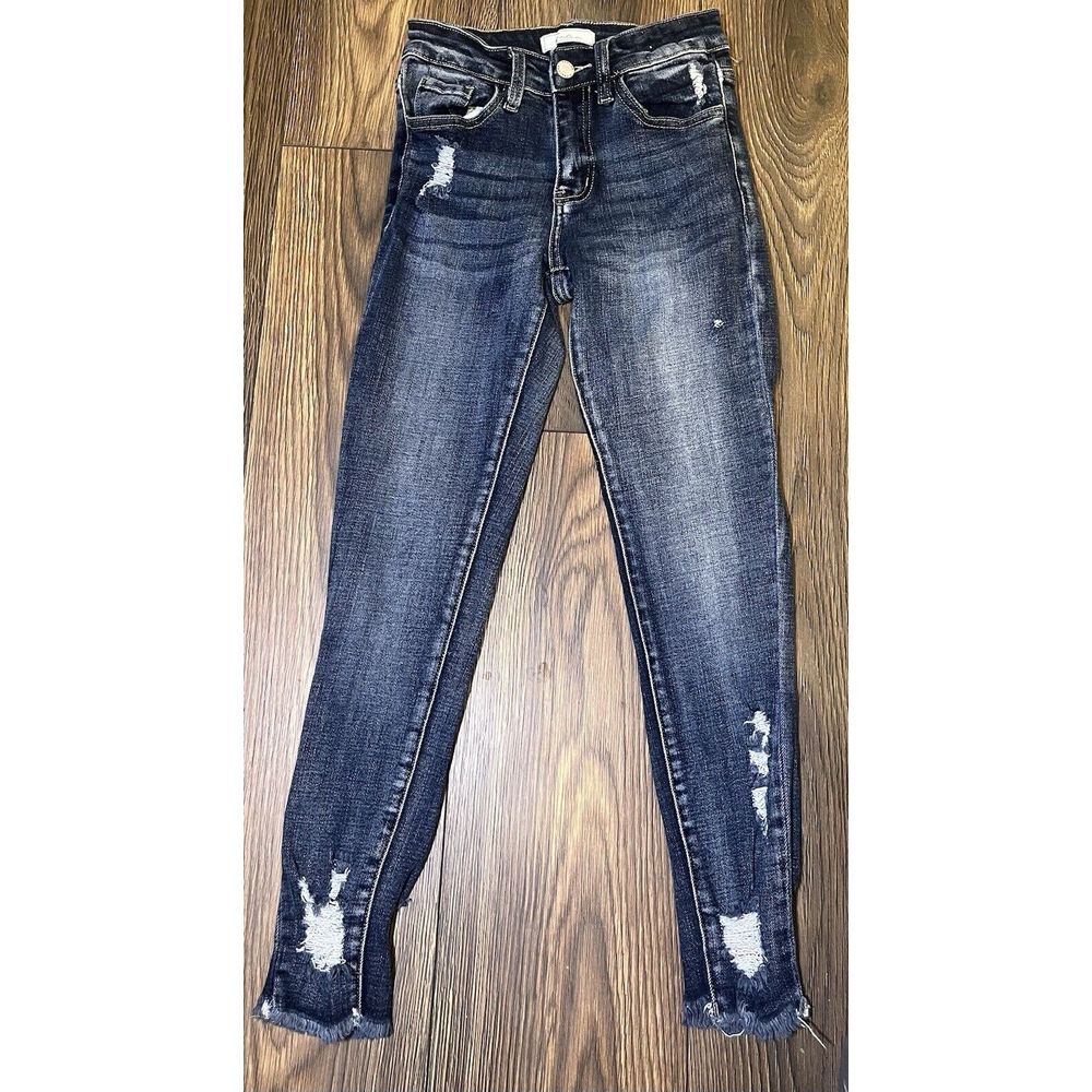 KanCan Signature Womens 24 Mid‎ Rise Ankle Skinny Jeans Distressed Dark Wash
